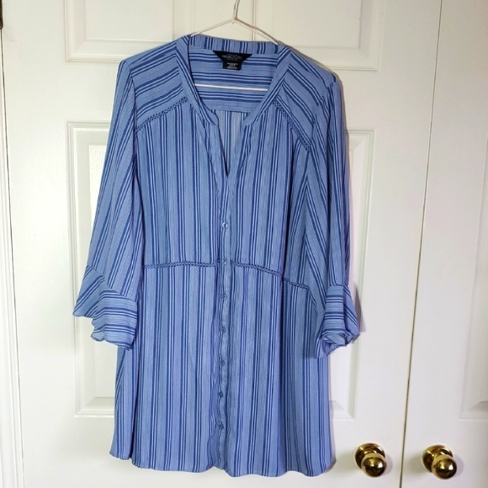 Blue Striped Button-Up Flowy Tunic Length Blouse - Size 18